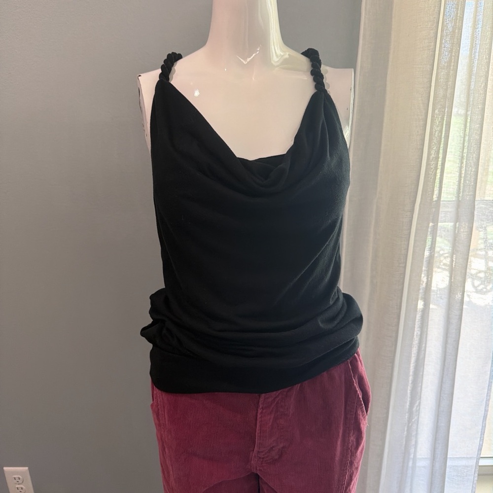 Braided cow neck tank top with loose waist summer Elegant Black Women's Top M